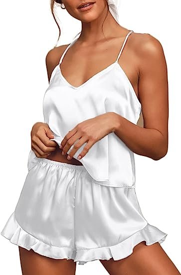 Women's Sexy Silk Satin Ruffled Pajamas Sets Cami Shorts Sets