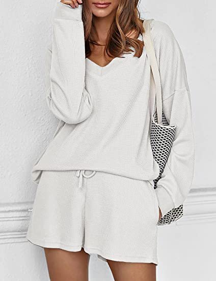 Women's Pajama Set V Neck Off Shoulder Pajamas Long Sleeve Top and Shorts 2 piece set