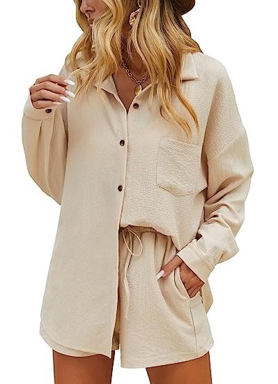Womens Button Down Lounge Sets Long Sleeve Shirts and Shorts 2 Piece