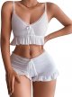 Women's 2 Piece Lingerie Set Ruffle Trim Tie Front Cami Top and Shorts Sleepwear