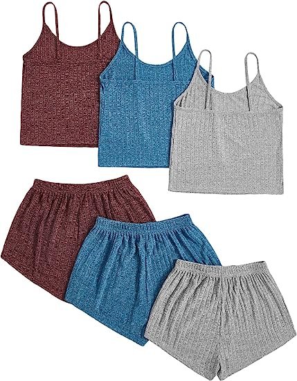 Women's 3 Sets Rib Knit Lounge Set Crop Cami Top and Tie Front Shorts Sleepwear Pajama Set